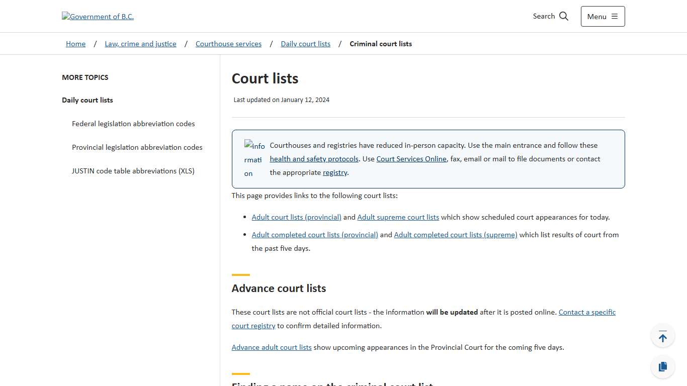 Court lists - Province of British Columbia
